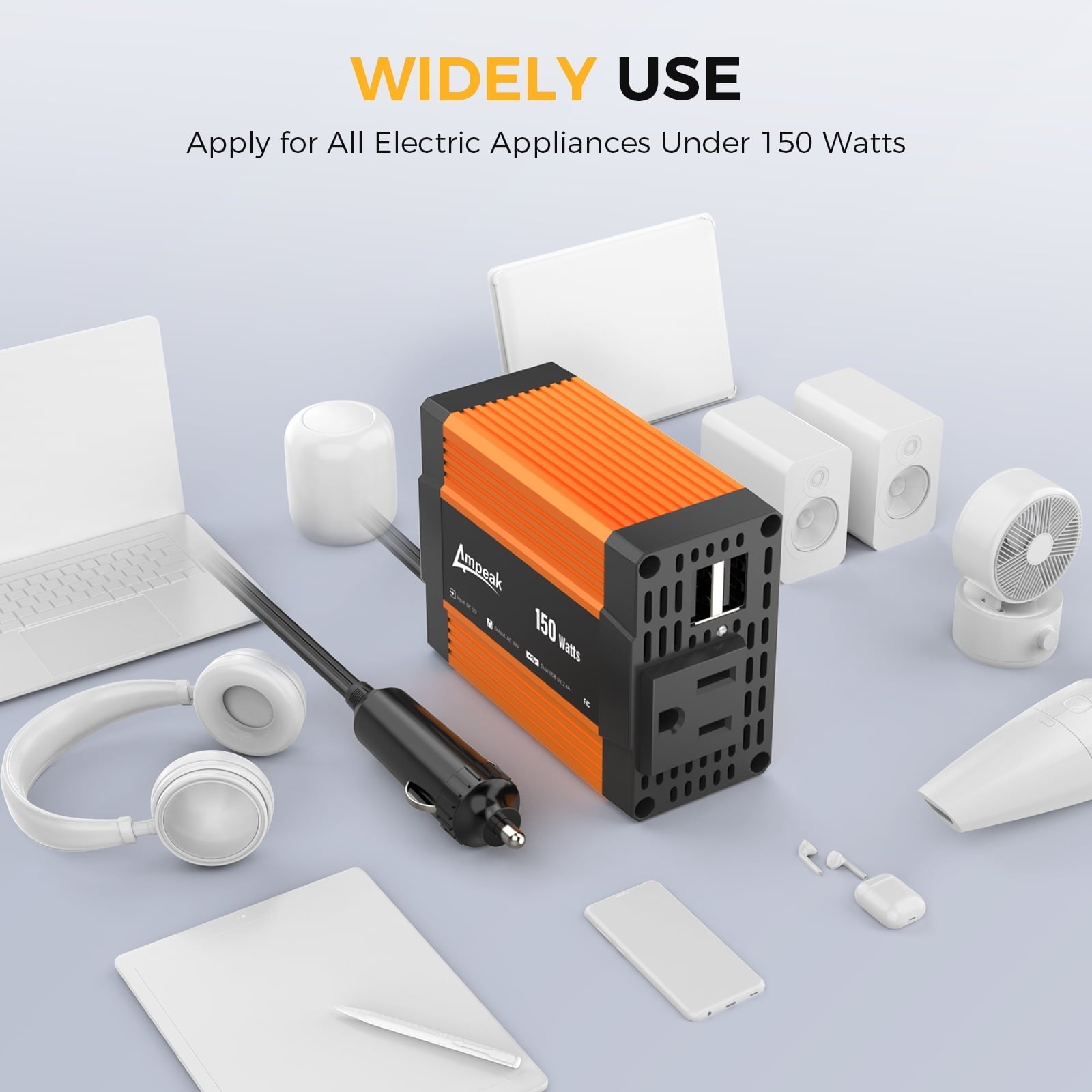 Ampeak 150W Car Power Inverter 11 Safe Protections DC 12V to AC 110V Car Converter 4.8A Dual USB