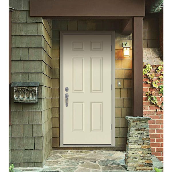 30 in. x 80 in. 6-Panel Vanilla Painted Steel Prehung Left-Hand Outswing Front Door w/Brickmould