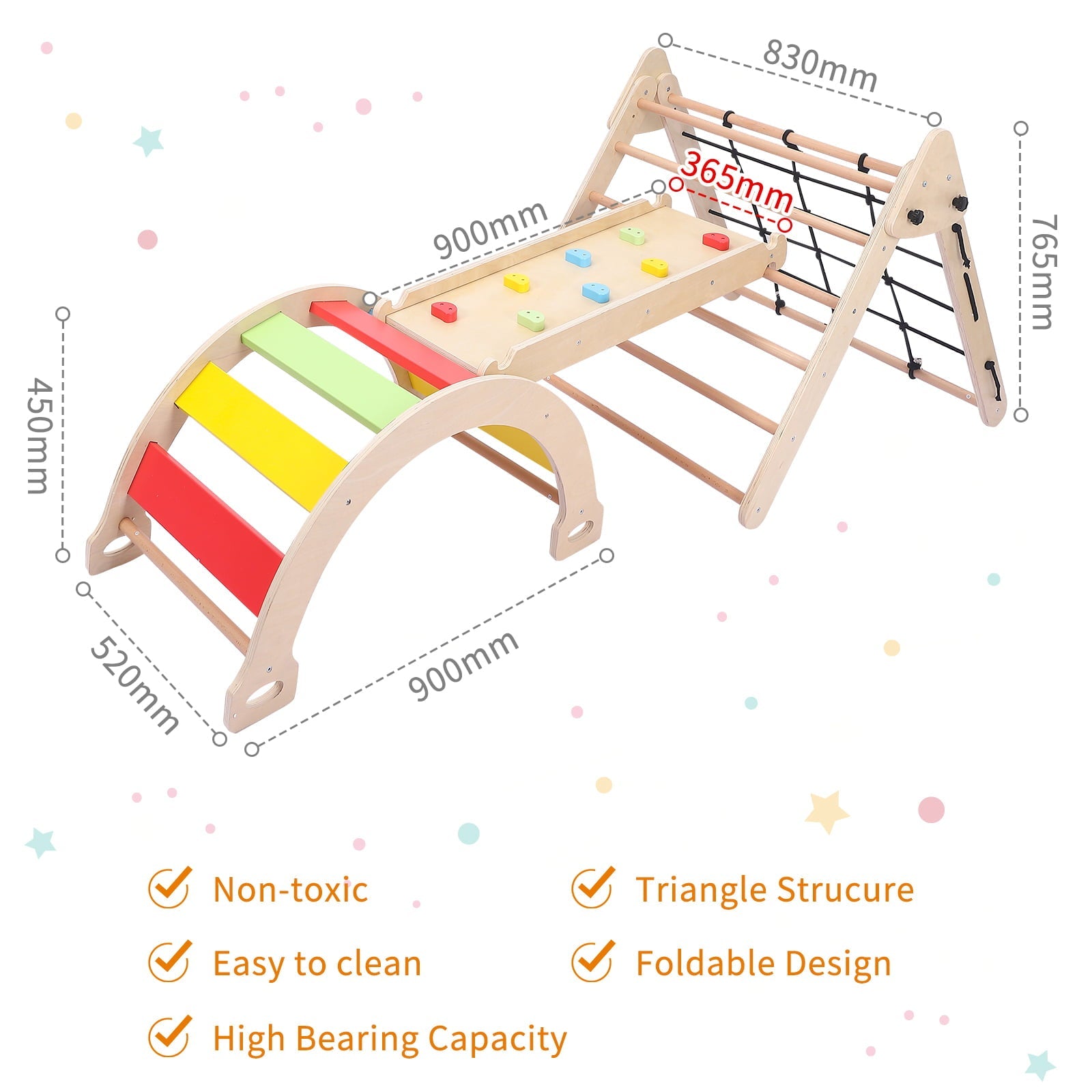 3-in-1 Wooden Climbing Toys, Foldable Triangle Ladder Toy, with Ramp, Slide or Climb, Indoor Gym Playground Playset for Toddlers