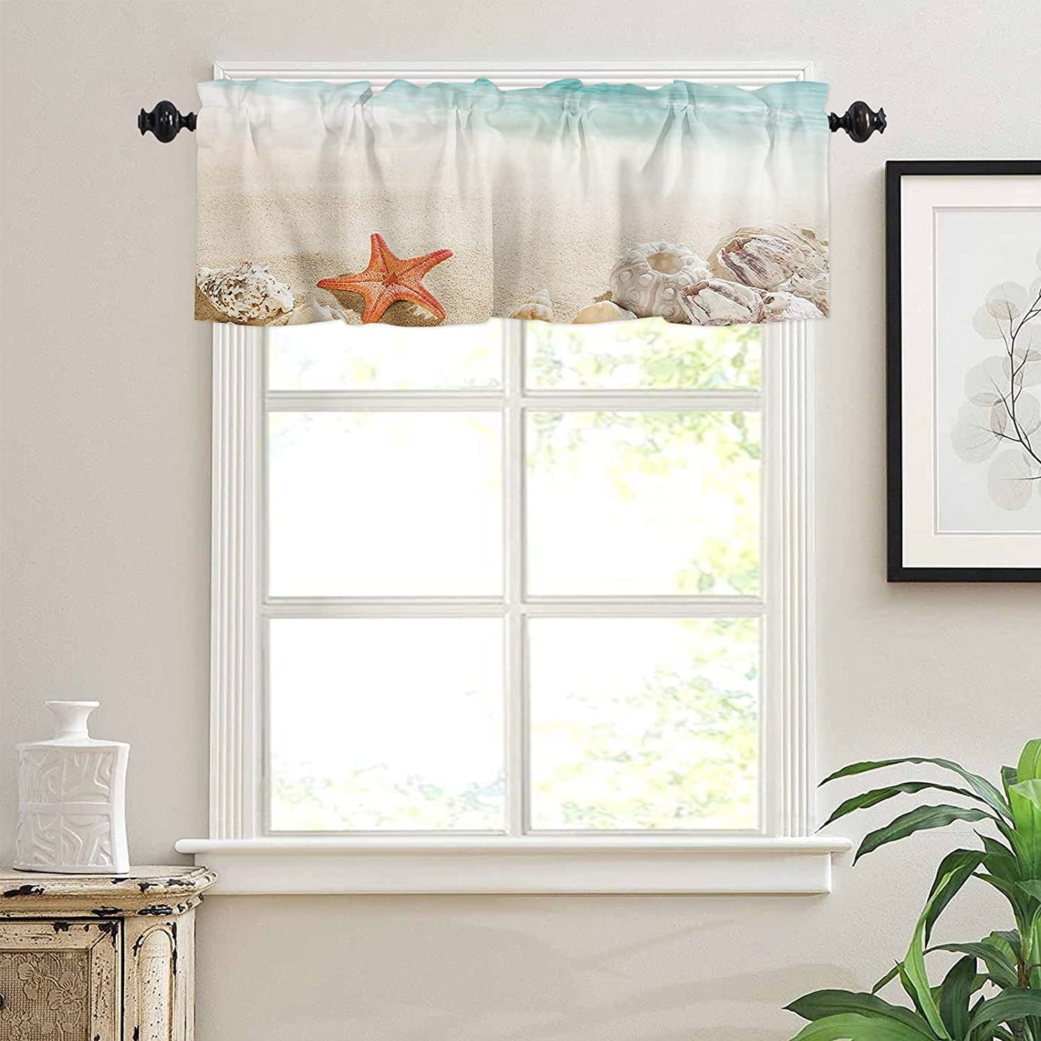 PKQWTM Starfishes Seashells Sandy Beach Window Curtain Valance Rod Pocket 54x18 inch