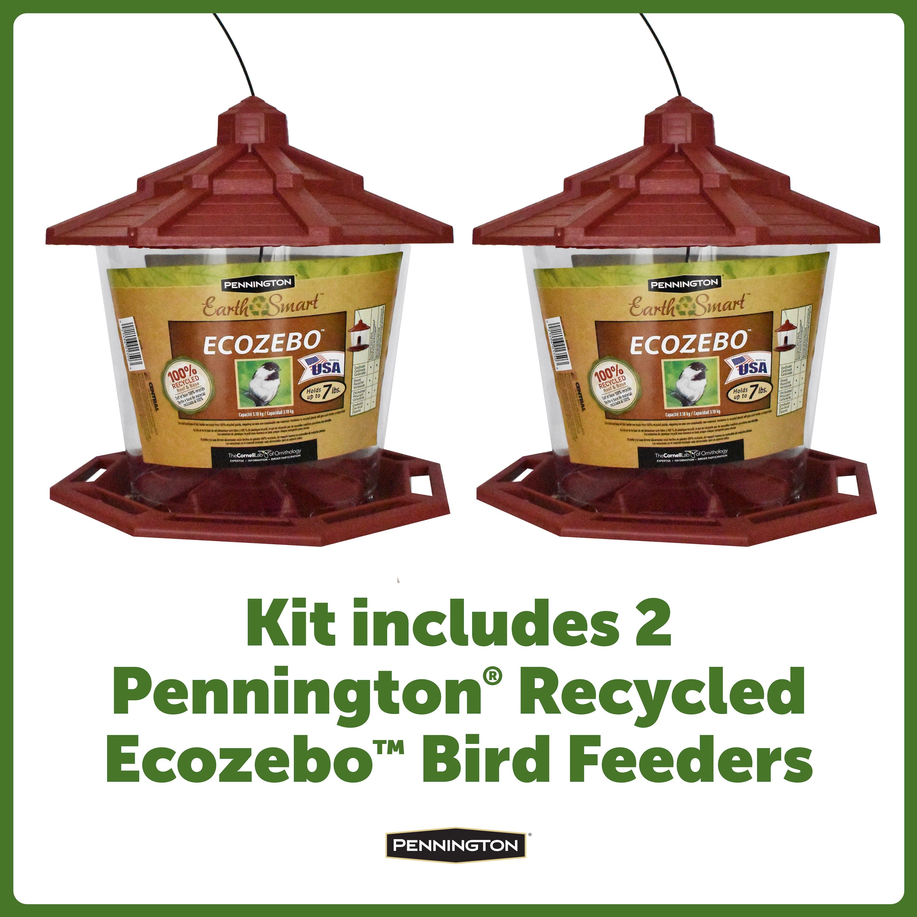 Pennington Red Resin Ecozebo Wild Bird Hopper Feeder, 7 lb. Capacity, 2 Pack
