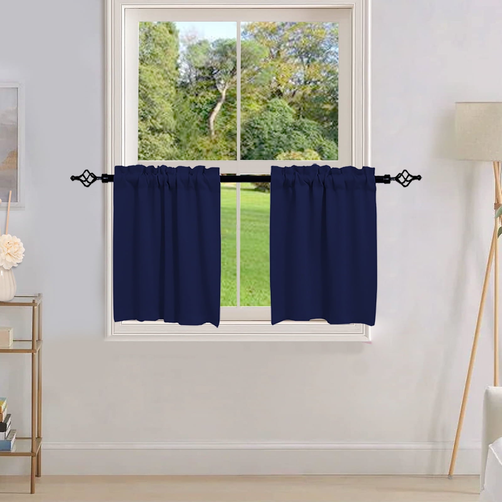 Lapalife Blackout Kitchen Curtains 2 Panels, 36 inch Length Rod Pocket Short Curtain Waffle Weave Farmhouse Cafe Curtains, Navy Blue