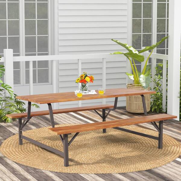 71 in. L 6-Person Acacia Wood Picnic Table Bench Set