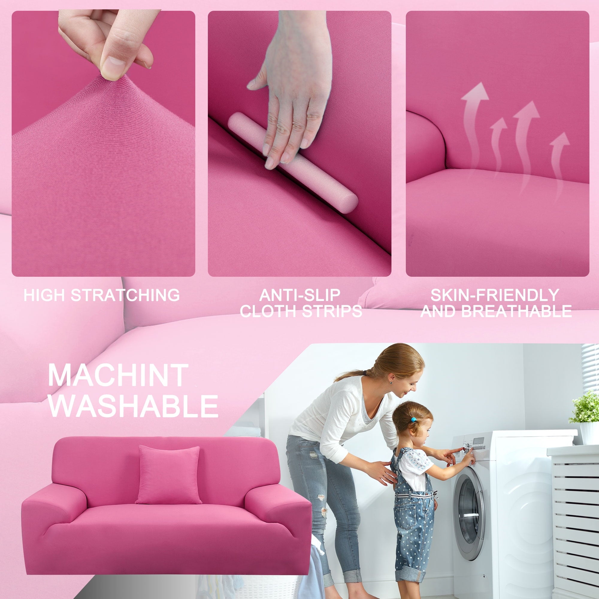 PiccoCasa Thick Stretch Sofa Cover 4 Seater Solid Couch Cover, Fuchsia