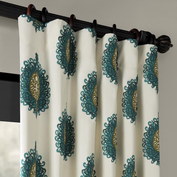 Mayan Teal Damask Rod Pocket Room Darkening Curtain - 50 in. W x 108 in. L (1 Panel)