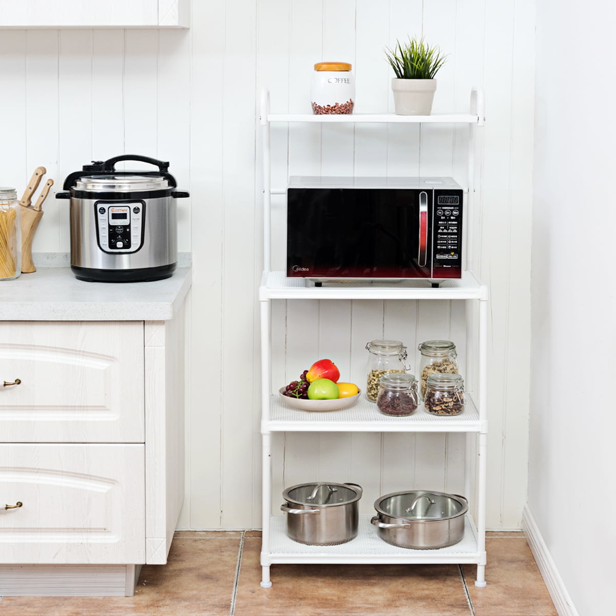 Costway 4-Tier Baker's Rack Microwave Oven Rack Shelves Kitchen Storage Organizer Iron White