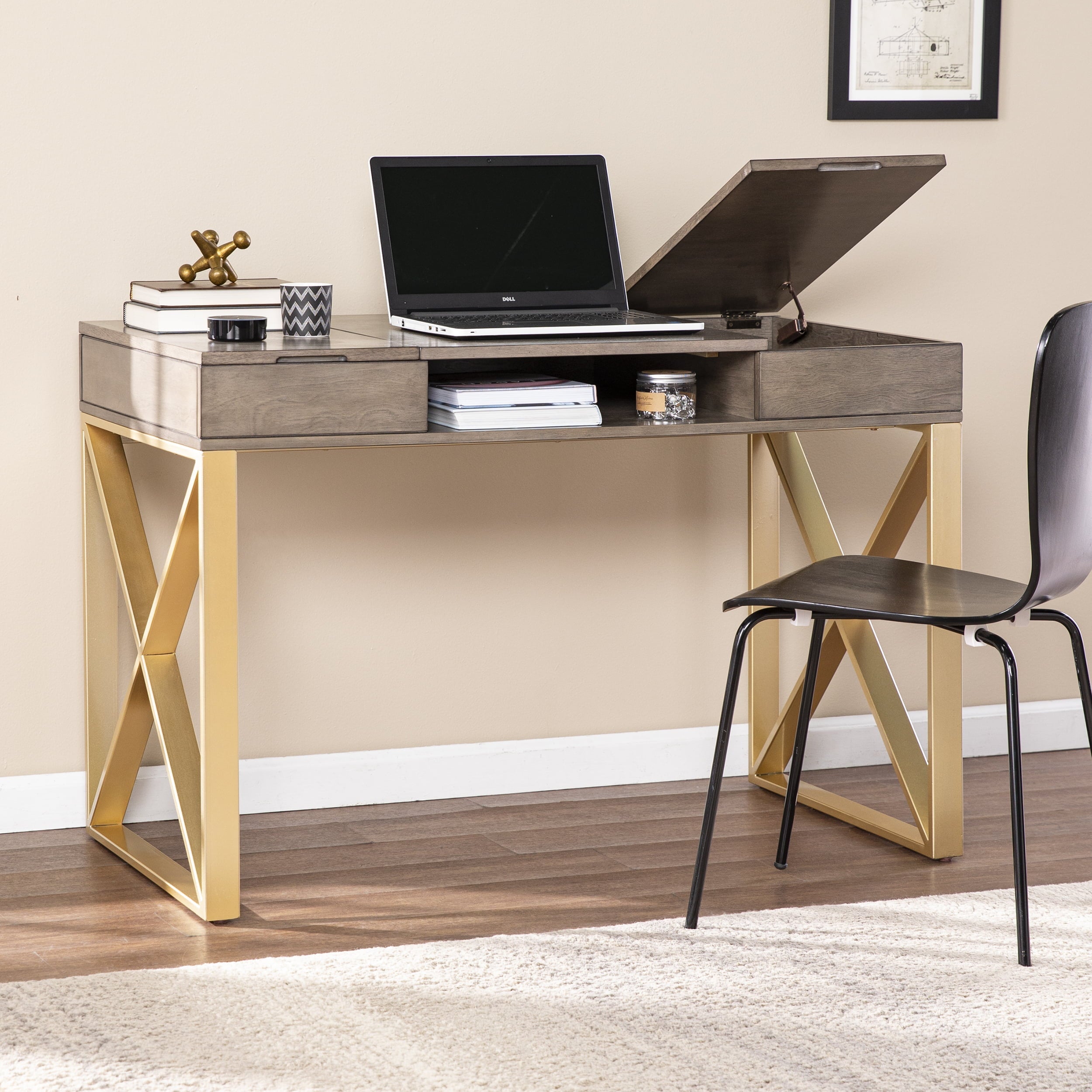 SEI Baridil Transitional Two-Tone Desk w/ Storage with Gray and Gold Finish
