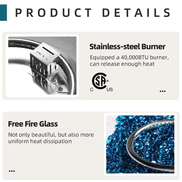 28 in. Round Terrazzo Propane Gas Off-white Fire Pit Table, 40,000 BTU with Blue Glass Stones and Rain Cover