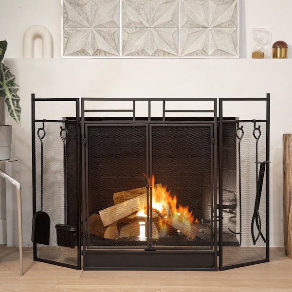 4-Panel Wrought Iron Fireplace Screen Fire Spark Guard Hinged Doors with 4 Tools