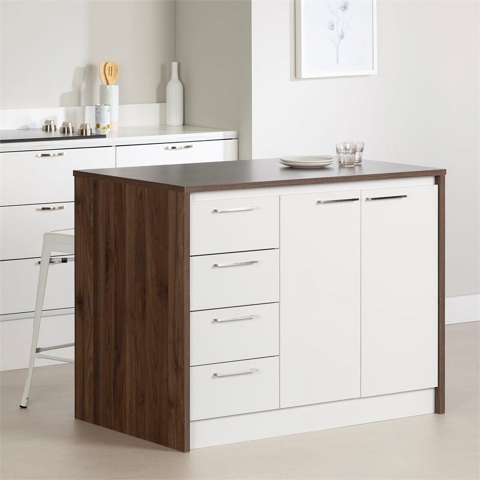 Myro Kitchen Island Natural Walnut and White
