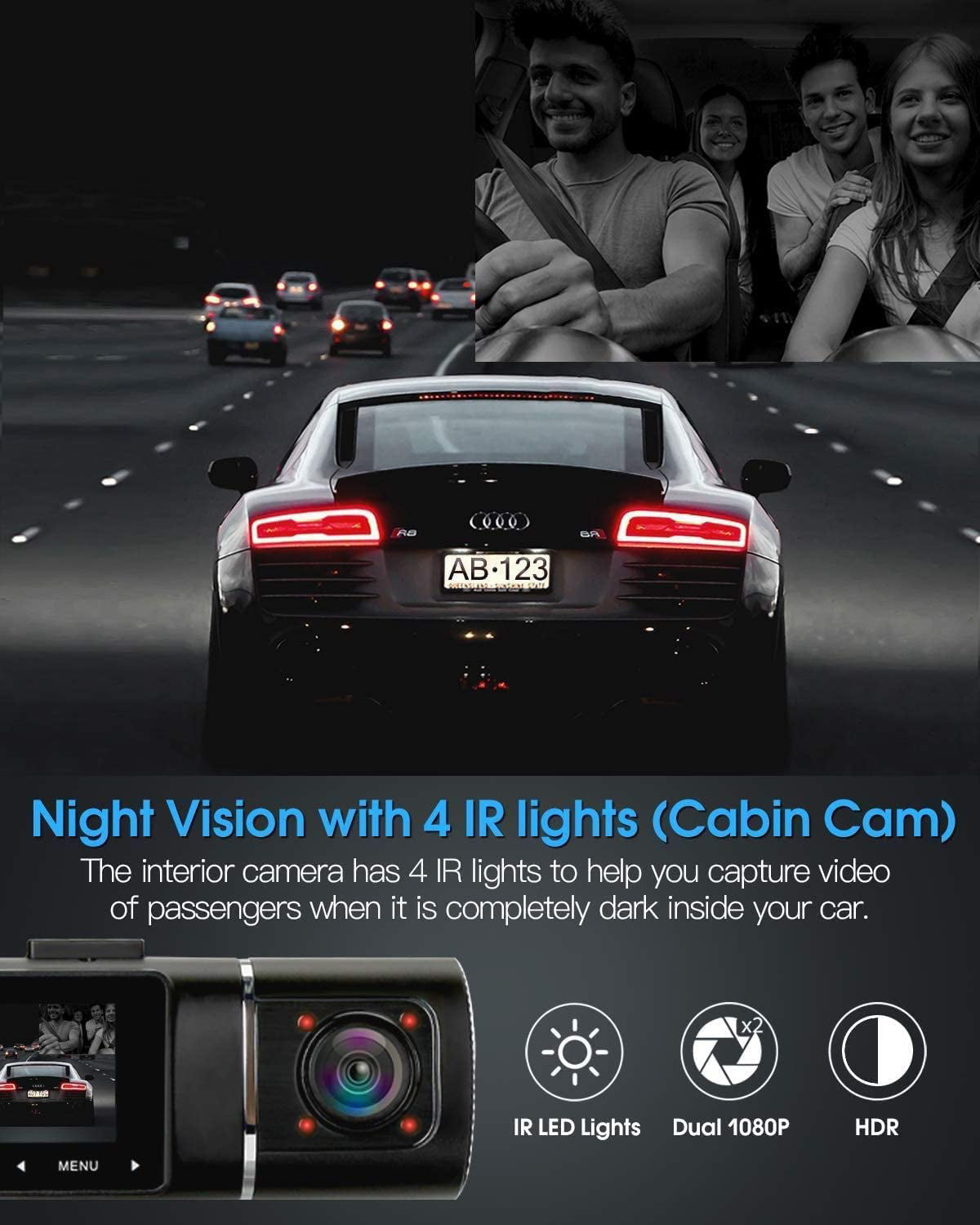 Abask J05 Dashcam Front and Inside Dual 1080P FHD - Angle 170°/140° With Night Vision,Parking Mode,G-Sensor,Loop Recording,WDR - With 32GB Card