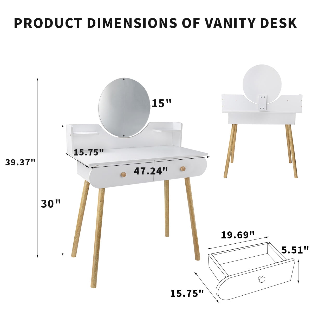 Modern Vanity Table Makeup Desk, 2 Drawers and 4 Shelves for Bedroom White(Without Stool and LED)