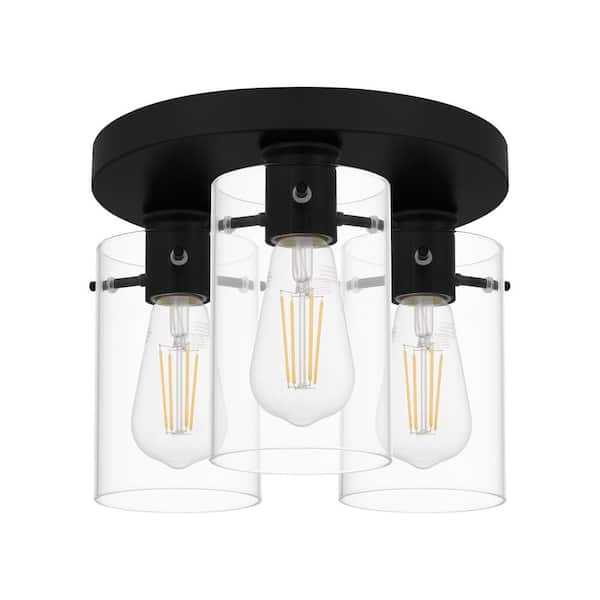Regan 11.75 in. 3-Light Matte Black Flush Mount with Clear Glass Shades