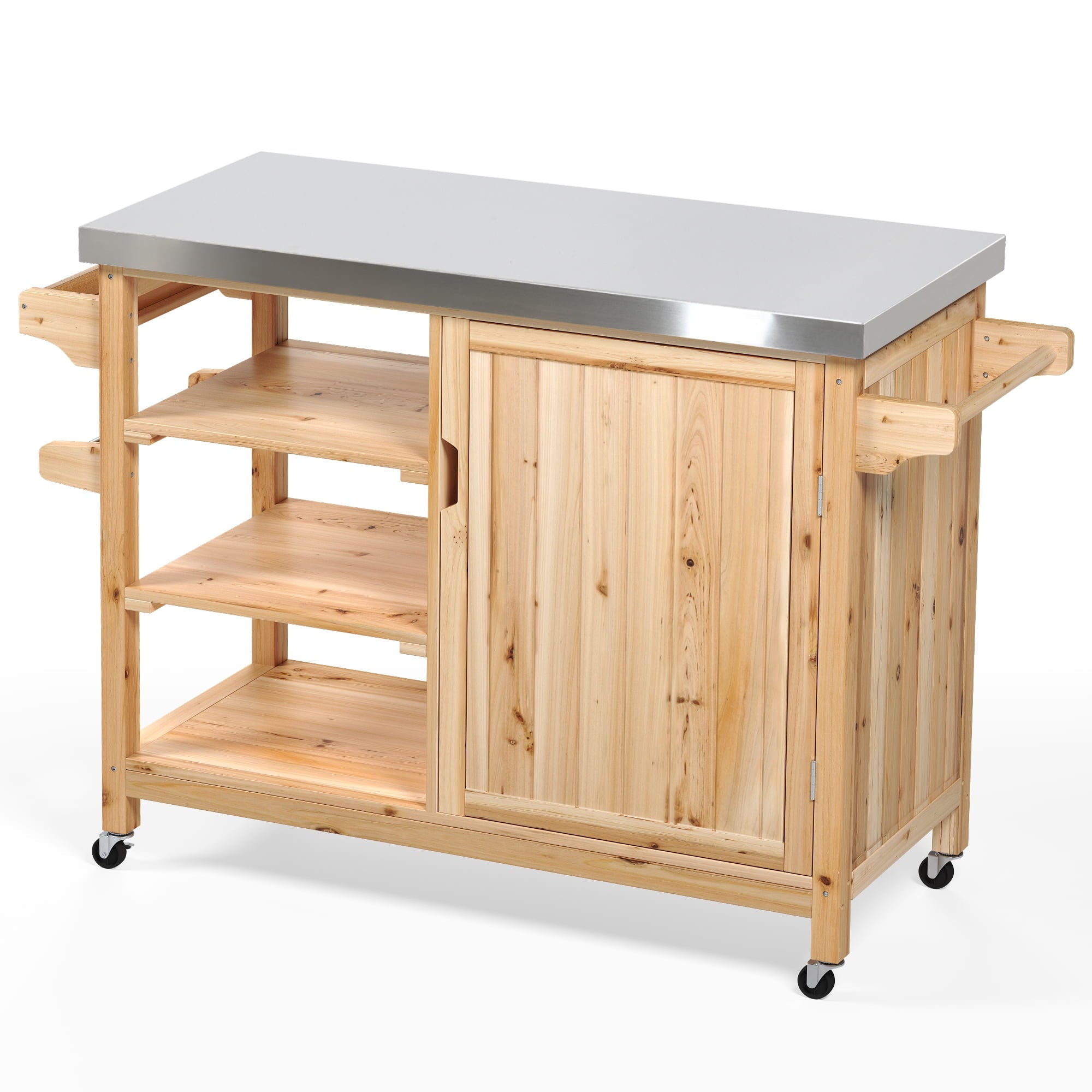 DWVO Outdoor Table and Storage Cabinet Solid Wood Movable Grill Table with Stainless Steel Top for Outside Patio Kitchen Island or Bar Cart