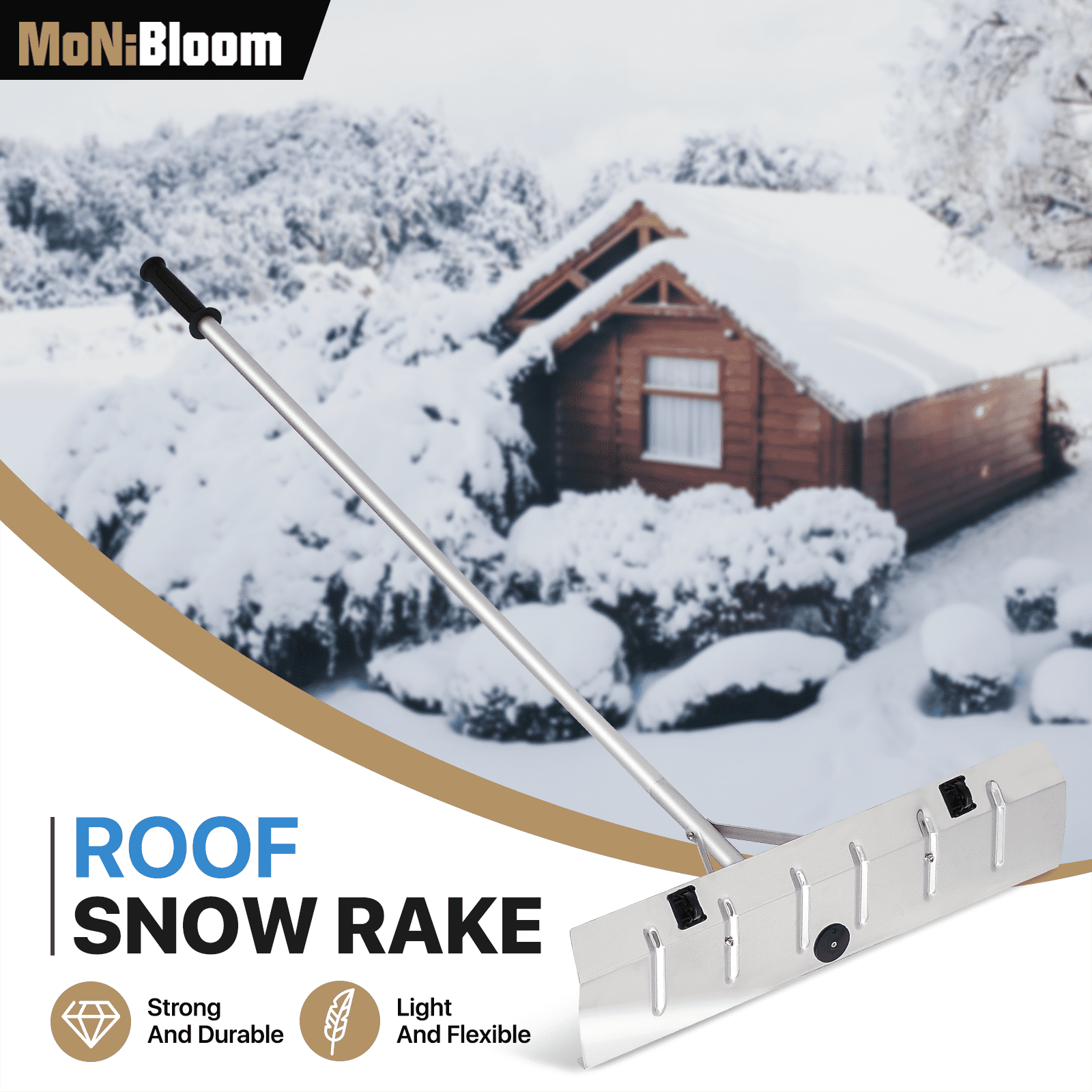 MoNiBloom 20FT Aluminum Snow Roof Rake, Extendable Snow Shovel Adjustable Sectional Snow Removal Tool with Wheels and Anti-Slip Handle for Roof Car, Silver