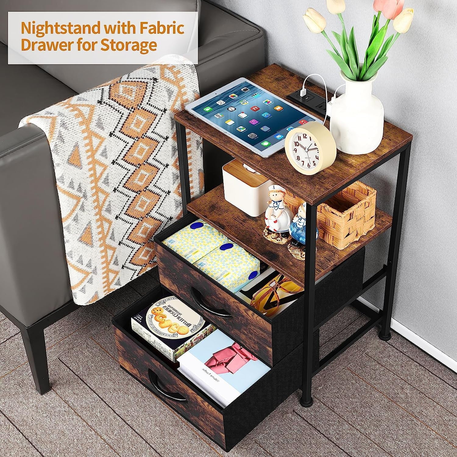Brown Nightstand with 2 Fabric Drawers End Table with Charging Station Set of 2