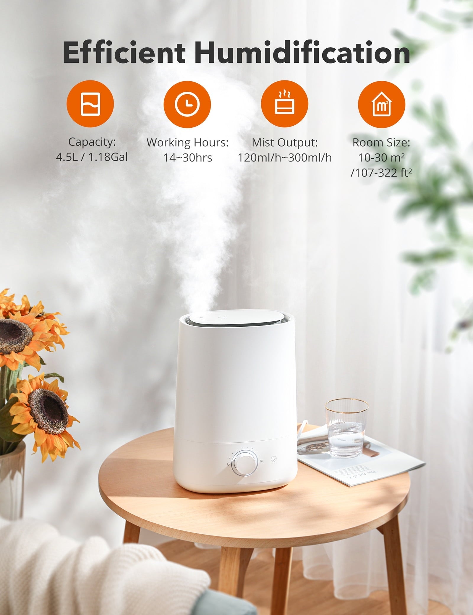 TaoTronics Humidifier, Top Fill 4.5L Ultrasonic Cool Mist Humidifiers with Essential Oil Tray, Nano-Coating, Auto Shut-off for Bedroom, Living Room, Home and Office, 100 sq ft, White