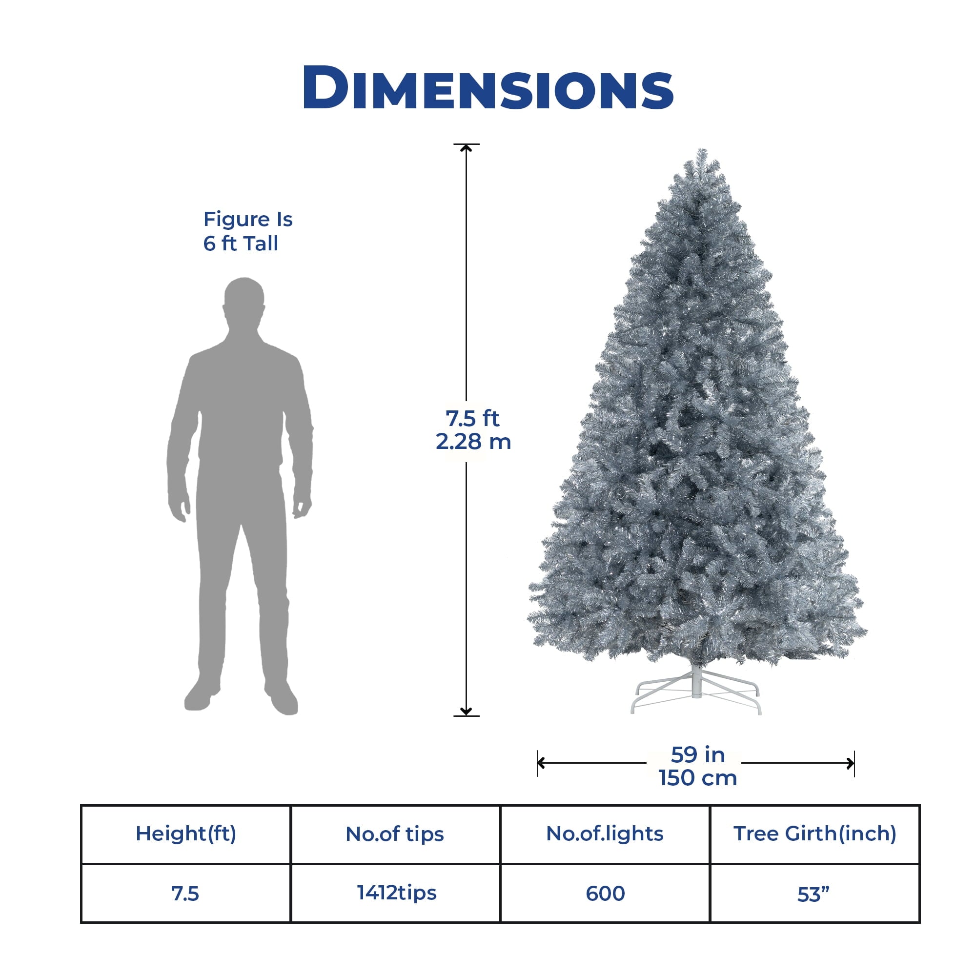 7.5ft Silver Christmas Tree with Lights, Tree Prelit with 1412 Branch Tips, 600 Warm Lights and Metal Stand by Homestock