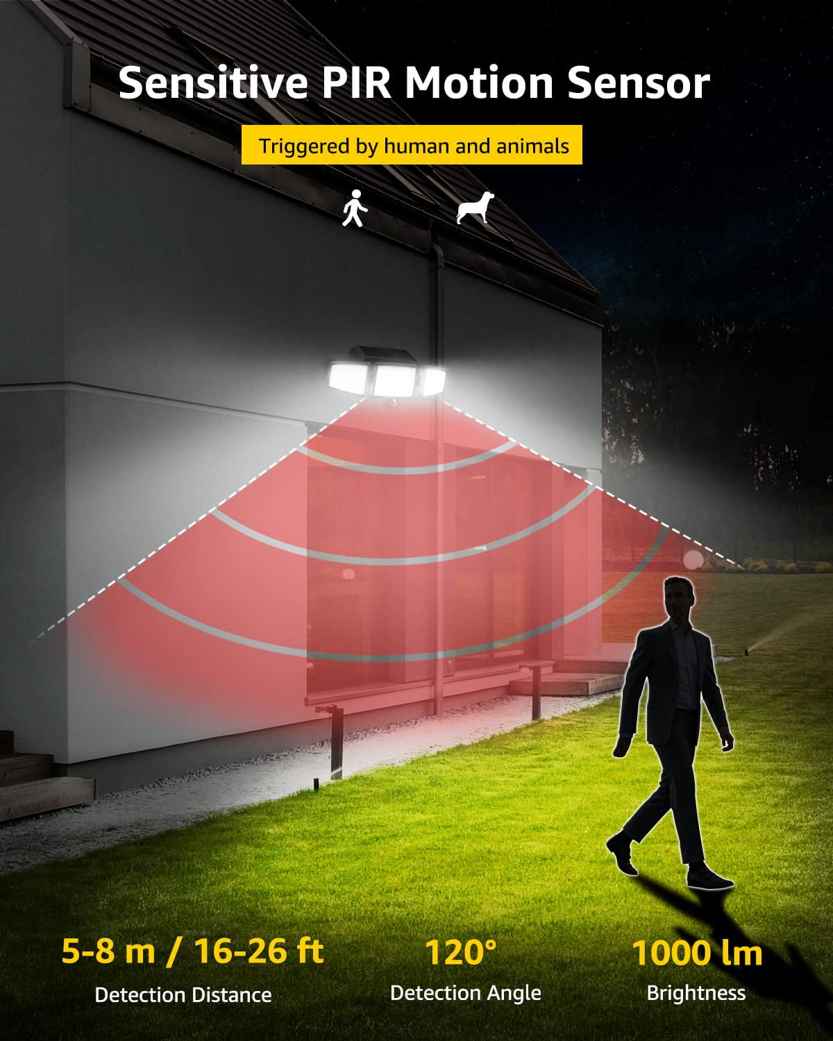 Lepro 2-Packs Solar Flood Lights for Outside, 6500K Outdoor Motion Activated Security Lights , IP65 Waterproof , 3 Adjustable Heads 270° Wide Lighting Angle for Front Door, Backyard, Patio, Garden