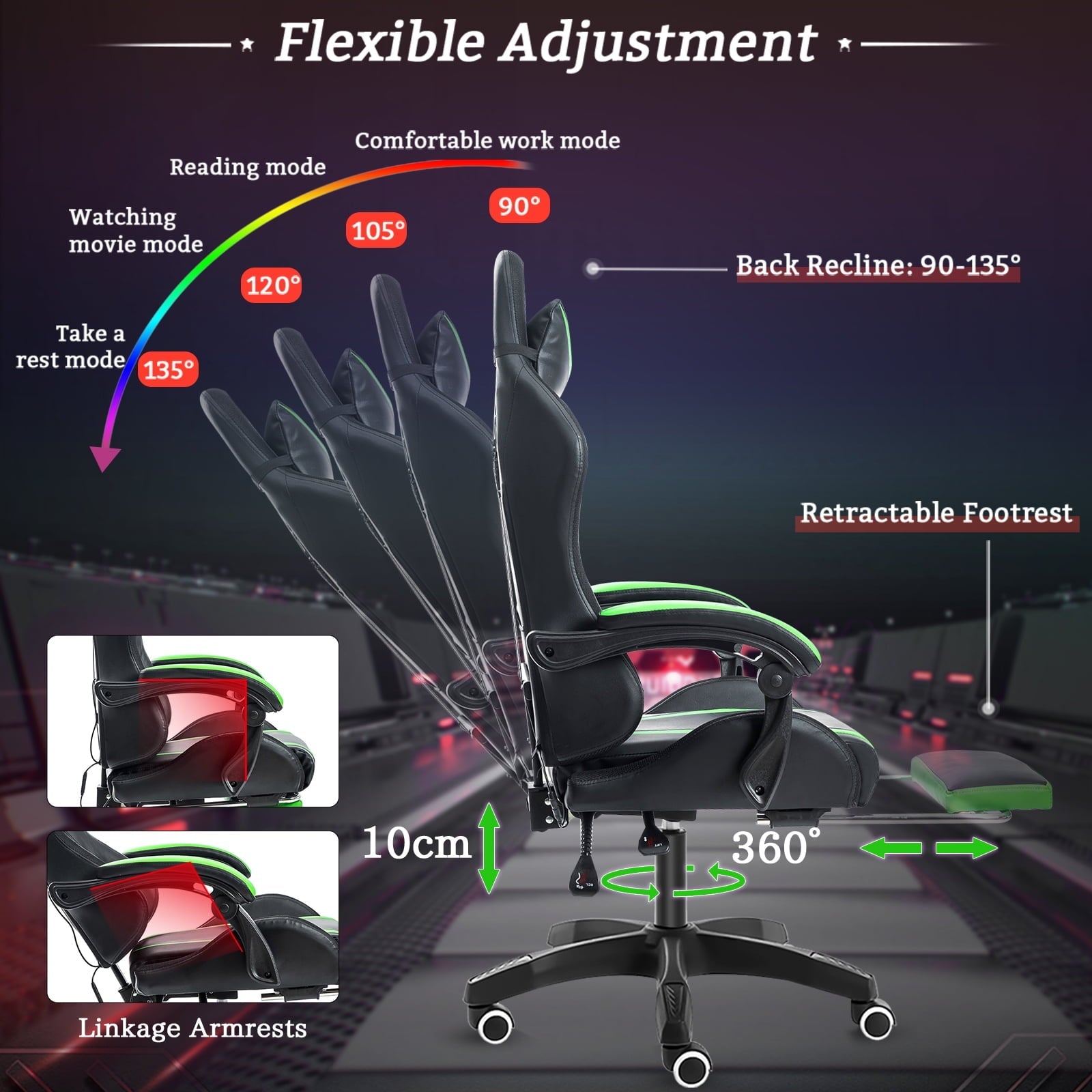 HOFFREE Gaming Chair with RGB LED Lights Ergonomic Computer Chair with Massage Lumbar Pillow Linkage Armrest Reclining Leather Video Game Chair Racing Style for Home Office