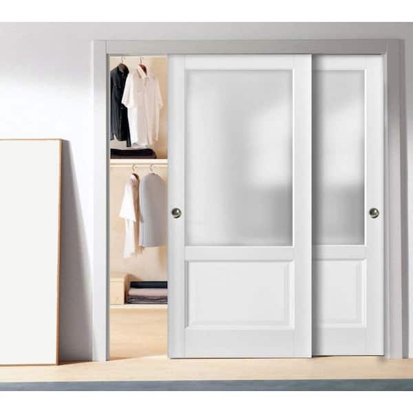 1422 60 in. x 80 in. 1 Panel White Finished Pine Wood Sliding Door with Closet Bypass Hardware