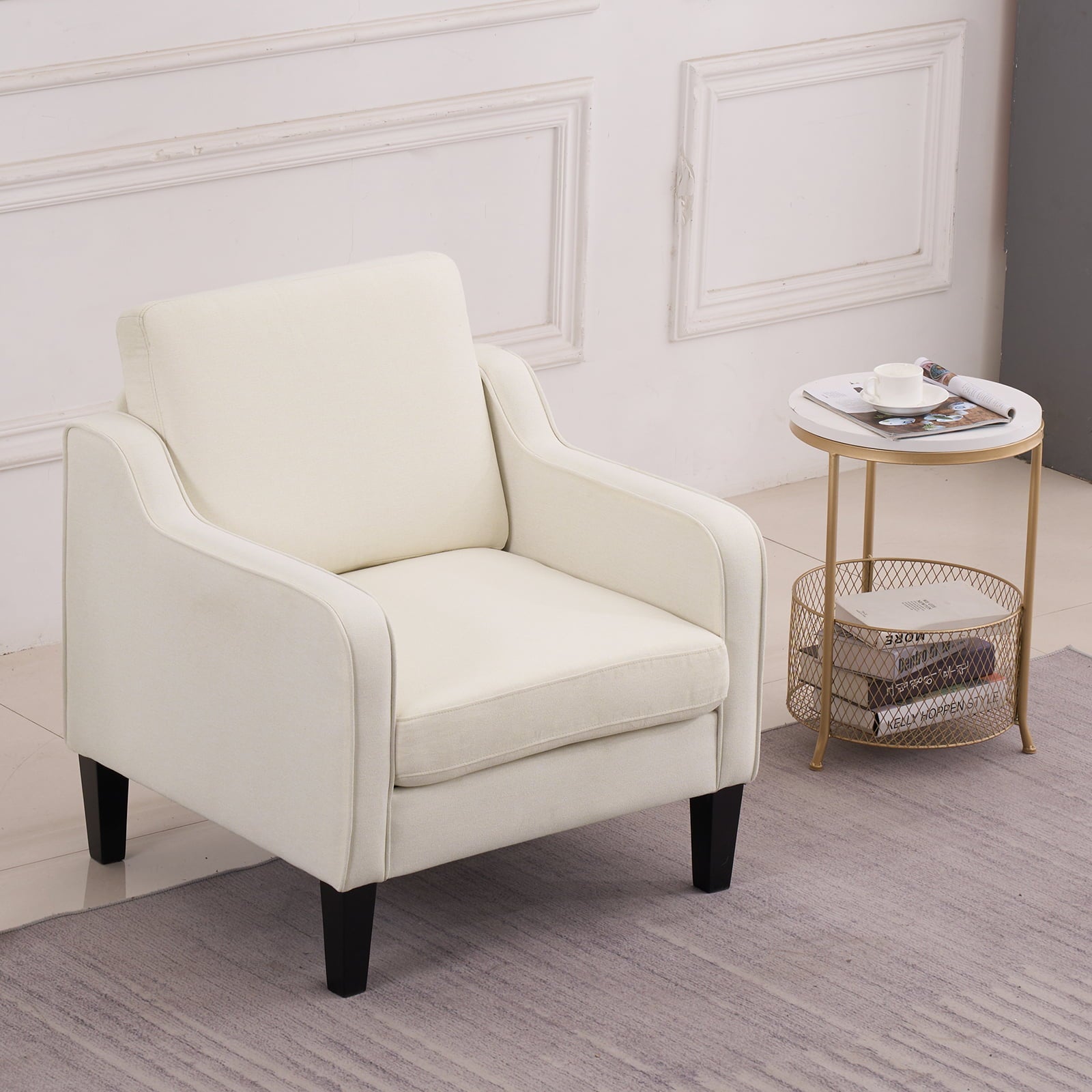 VINGLI Mid-century Modern Accent Chair,Beige Fabric Accent Chair for Living Room Upholstered Armchair with Scooped Arms for Bedroom,Apartment,Studio,Office,Waiting Room