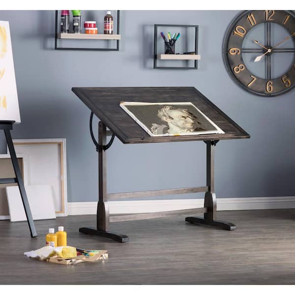 Vintage 42 in. W Distressed Black Solid Wood Drawing Writing Desk with Adjustable Tilting Top