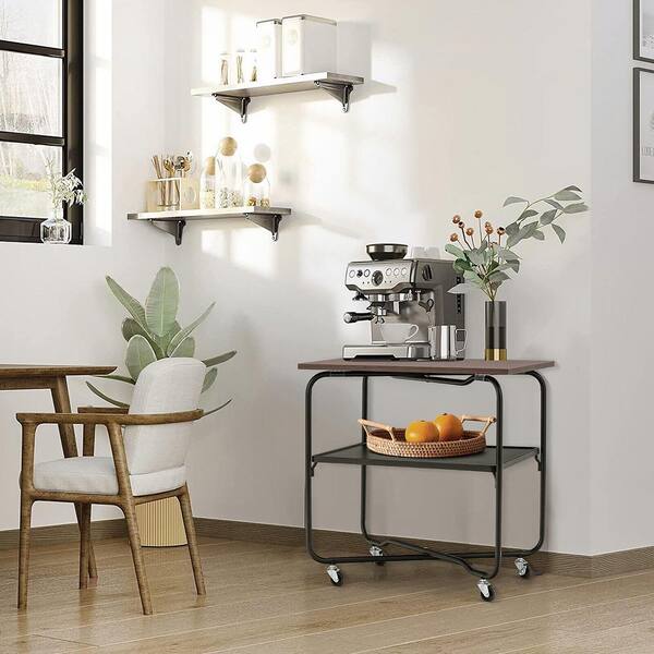 2-Tier Folding Rolling Cart Kitchen Utility Cart Tool-Free Installing Brown