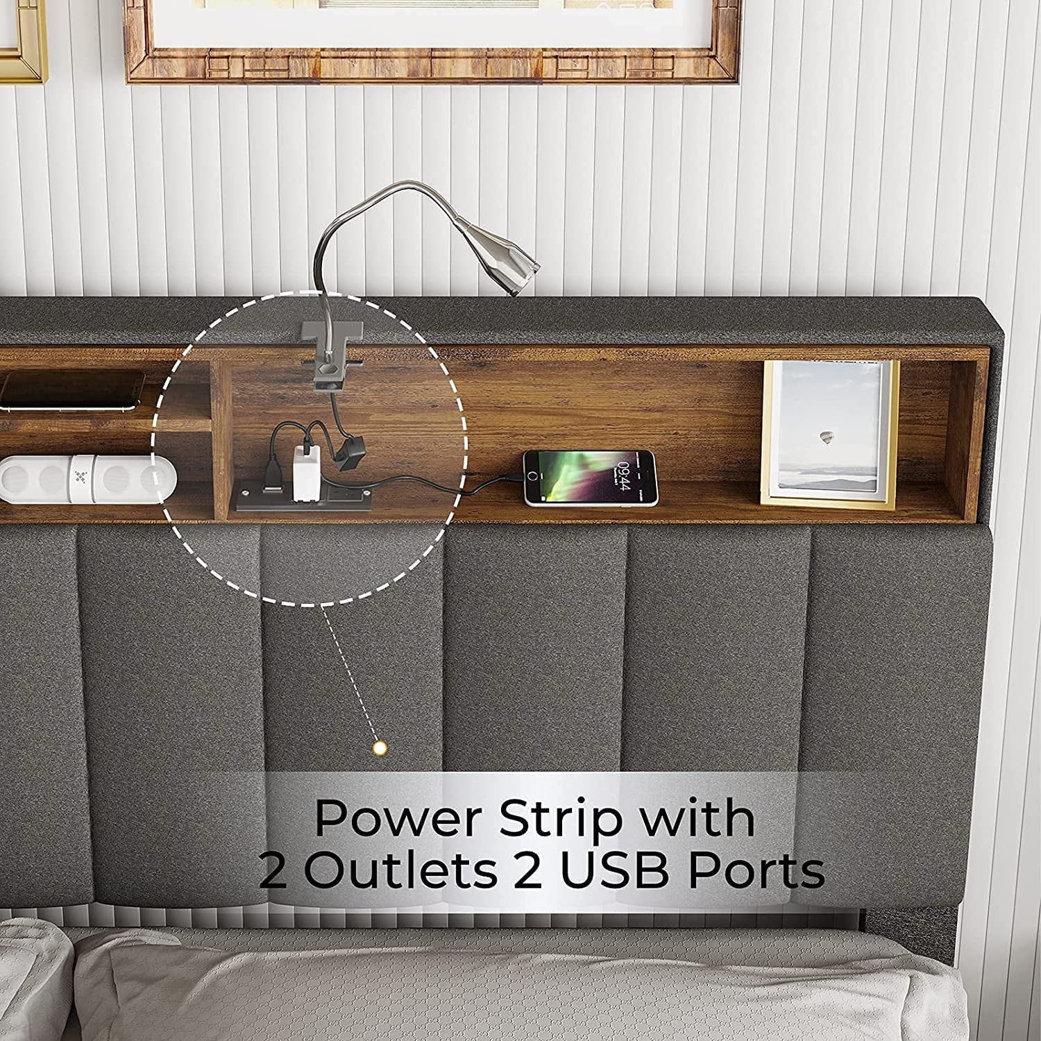 ADORNEVE Queen Size Platform Bed Frame, Modern Fabric Upholstered Bed with Power Strip and Storage Headboard Height Adjustable, No Box Spring Needed, Dark Gray