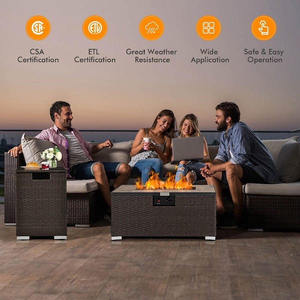 32 in.x 20 in. Propane Rattan Fire Pit Table Set w/Side Table Tank & Cover 40,000 BTU