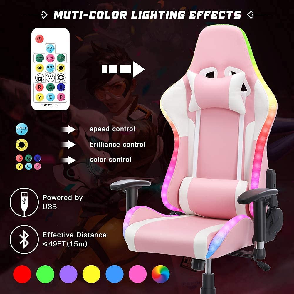 HomeMiYN Gaming Chair with Speakers Video and  RGB LED Lights, Pink PU Leather Ergonomic Racing Office Chair