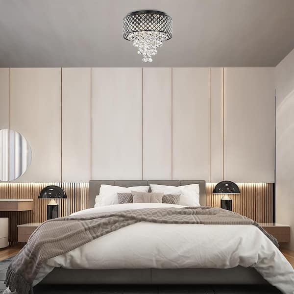 Alyvia 16 in. 4-Light Antique Black Glam Round Drum Flush Mount with Cascading Hanging Crystals