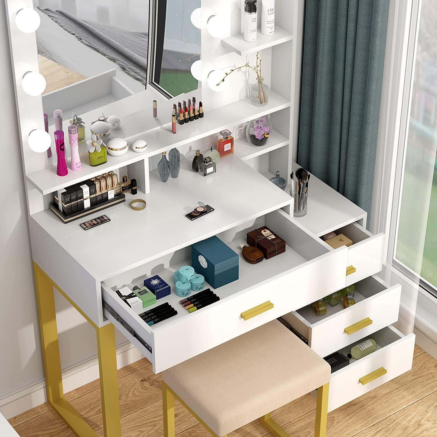 Pakasept Vanity Set with Lighted Mirror, Makeup Vanity Dressing Table with LED Light, Drawers, Storage Shelves and Cushioned Stool, Small Vanity Desk for Bedroom