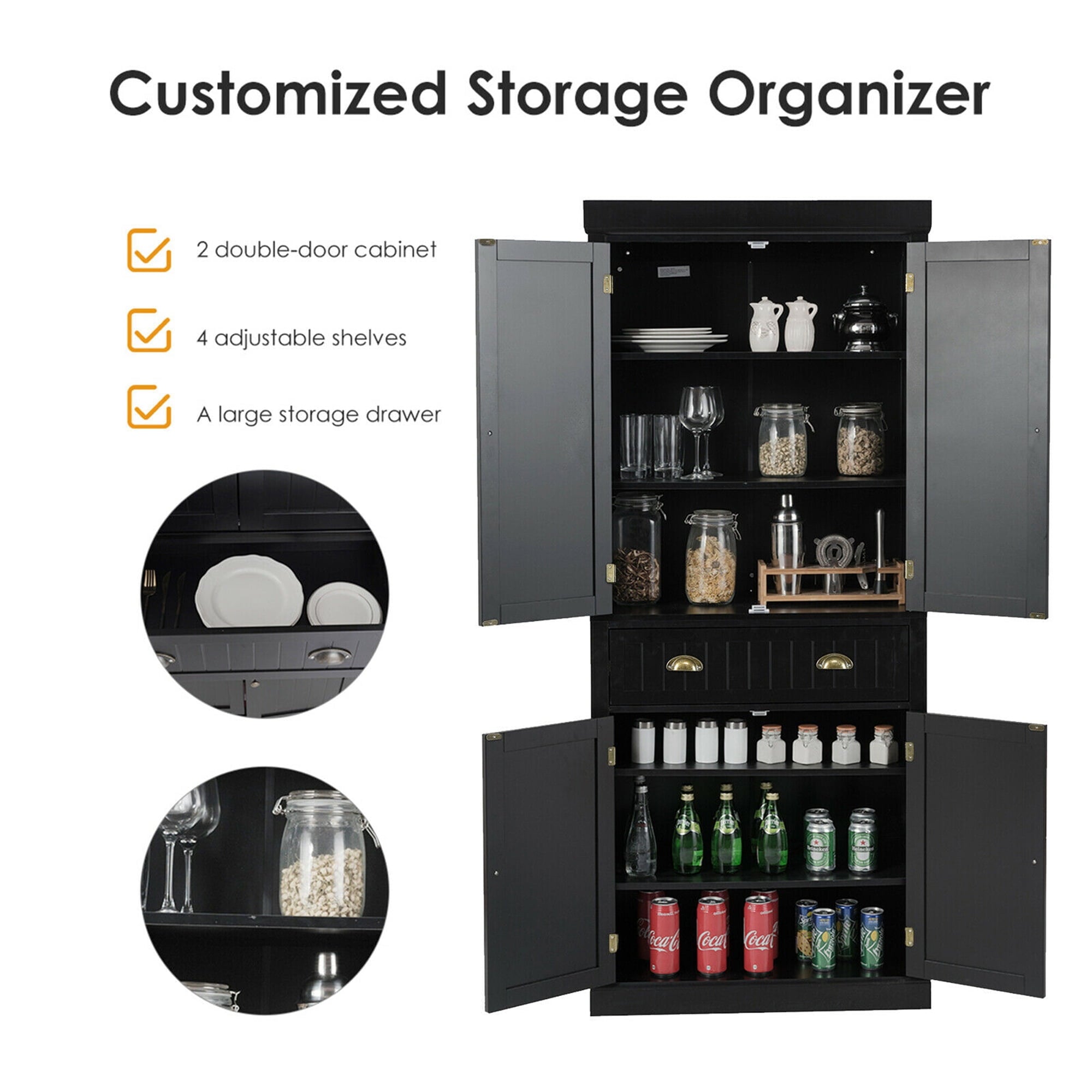 Gymax Kitchen Cabinet Pantry Cupboard Freestanding w/Adjustable Shelves Black