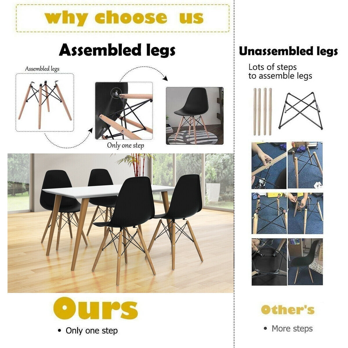 Gymax Set of 2 Modern Dining Side Chair Armless Home Office w/ Wood Legs Black