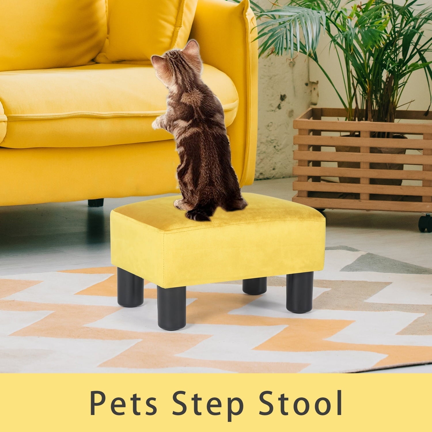 Homebeez Fabric Ottoman Footstool Square Padded Foot Rest Stool Seat,Yellow