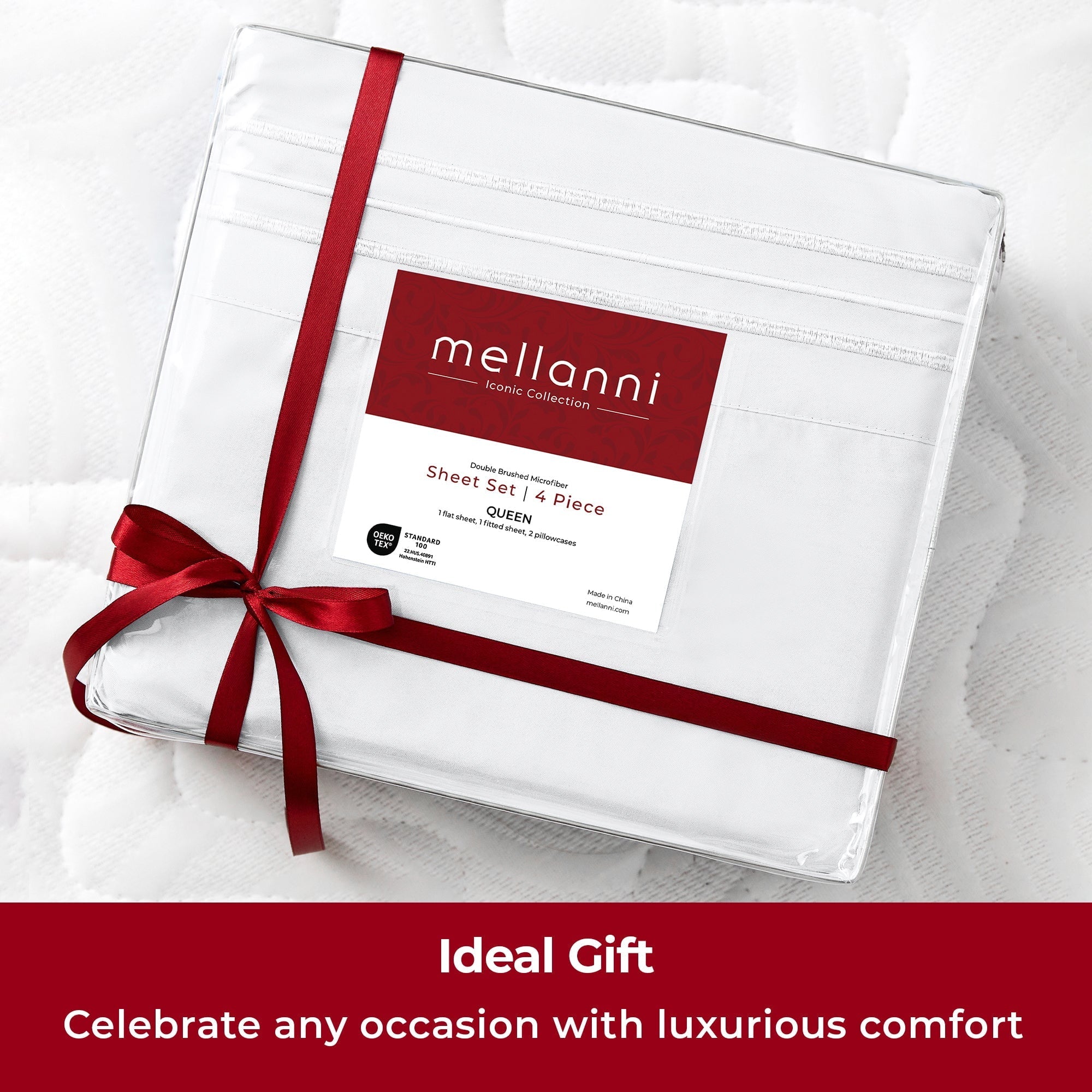 Mellanni Iconic Collection Bed Sheet Set, Hotel Luxury Brushed Microfiber Bedding, Deep Pocket Sheet, 4 Piece, Queen, White