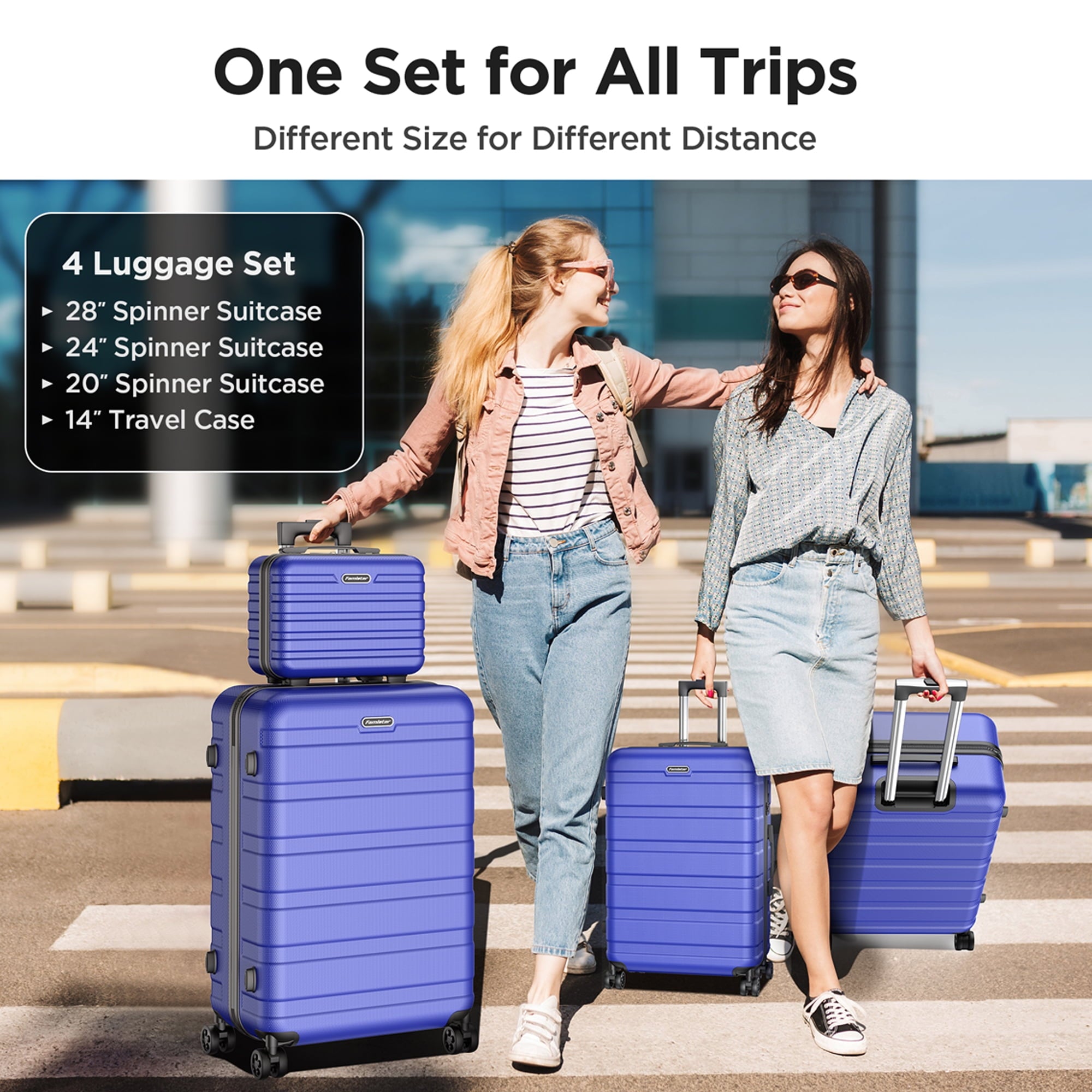 Famistar Carry On Luggage Suitcase Set 4 Piece - ABS Hardshell Luggage with Embedded TSA Lock, 360 ° Double Spinner Wheels - 14” Travel Case, 20” Carry On Luggage, 24” and 28” Checked Luggages, Blue