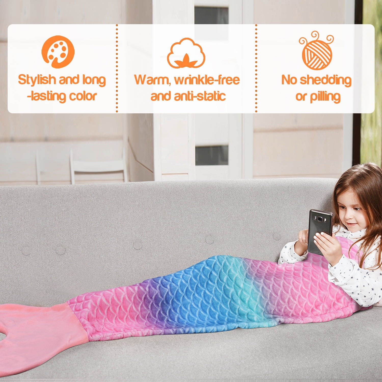 Flyingstar Mermaid Tail Blanket, Soft Flannel Fleece All Seasons Sleeping Blanket for Kids Adults, Rainbow Ombre Fish Scale Design Snuggle Blanket, Best Gifts