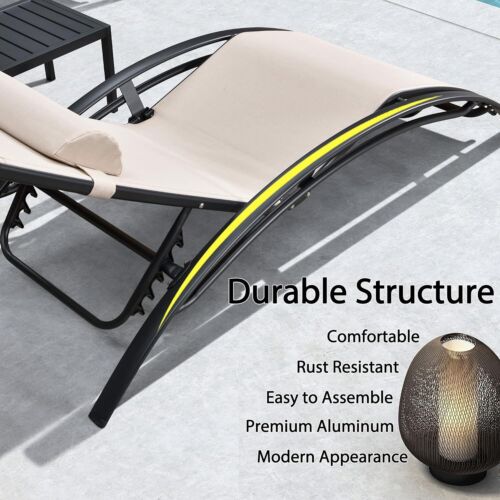 2 Patio Chaise Lounge Reclining Curved Chair Table Headrest Textile Metal Frame