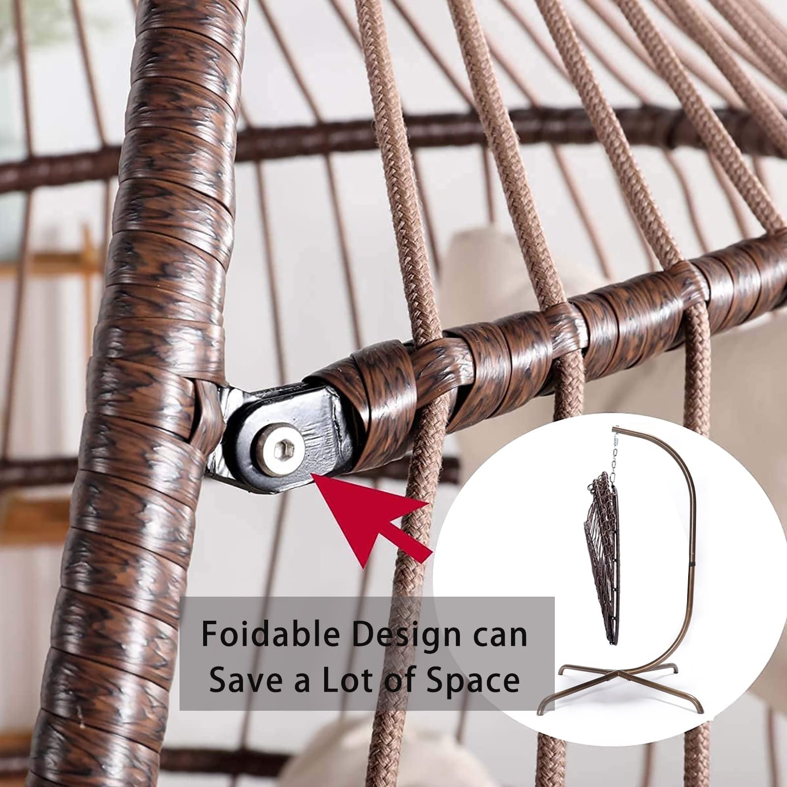 Nicesoul Foldable PE Wicker Brown Hanging Egg Chair With Stand Swing Chair With Cushion and Pillow Capacity 350lbs