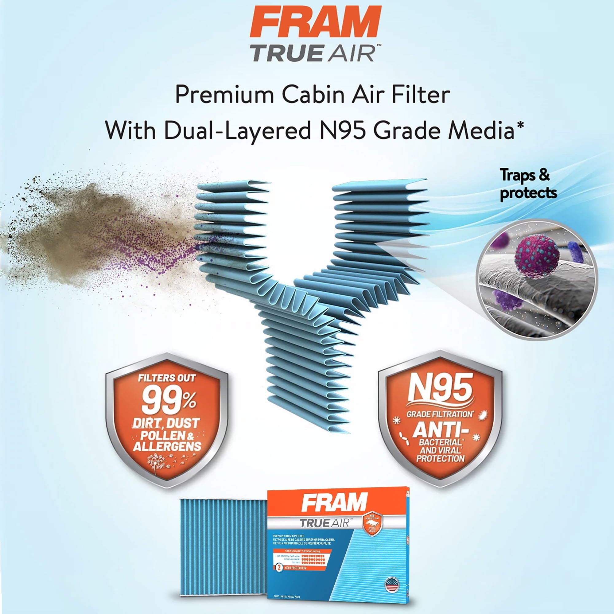 FRAM CV10285 TrueAir Premium Cabin Air Filter with N95 Grade Filter Media for Select Toyota Vehicles