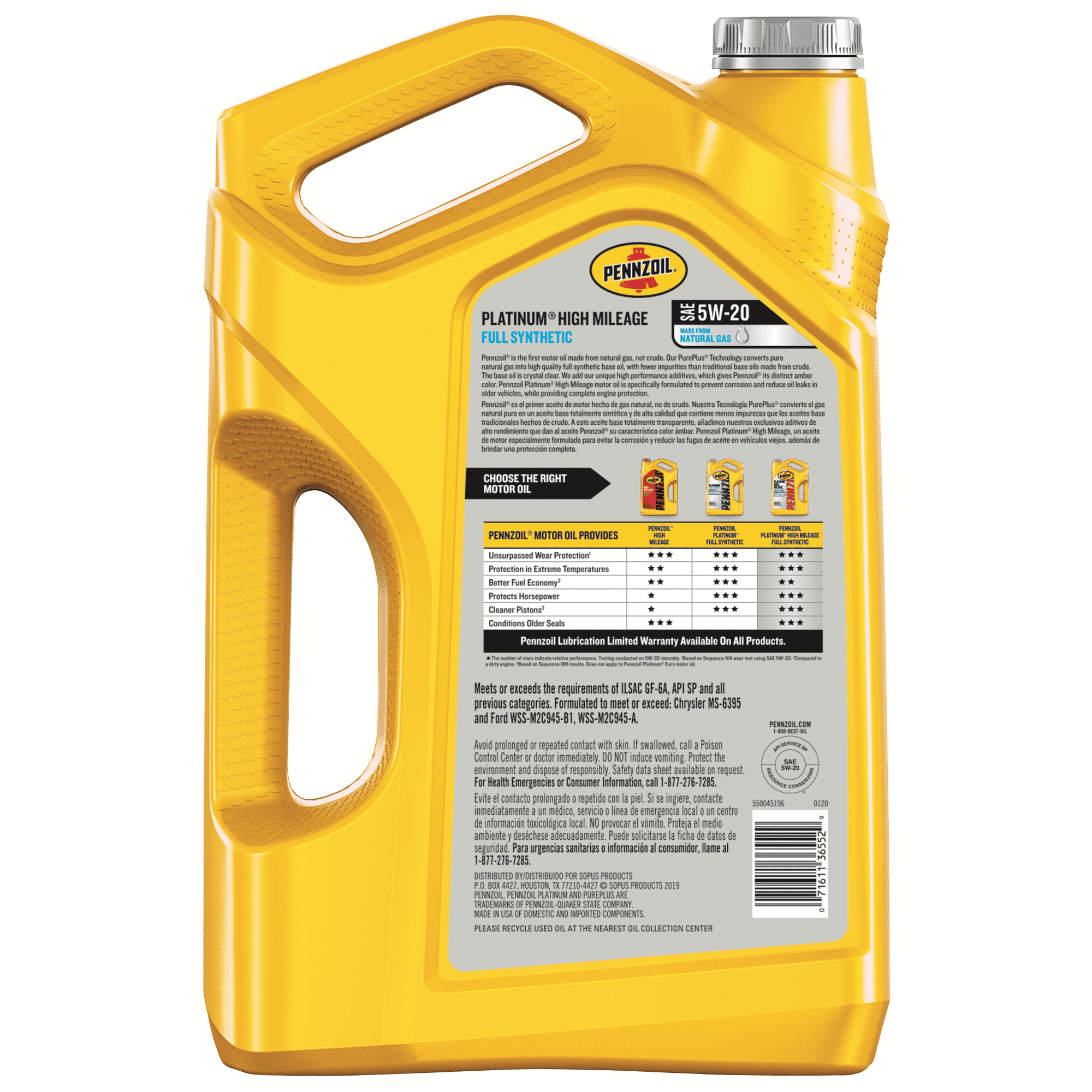Pennzoil Platinum Full Synthetic High Mileage 5W-20 Motor Oil, 5 Quart