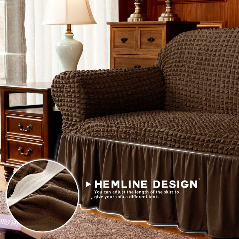 Subrtex Stretch 1-Piece Pleated Ruffled Skirt Sofa Slipcover, Chocolate