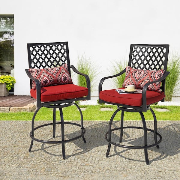 Swivel Metal Balcony Height Outdoor Bar Stool with Red Cushion (2-Pack)
