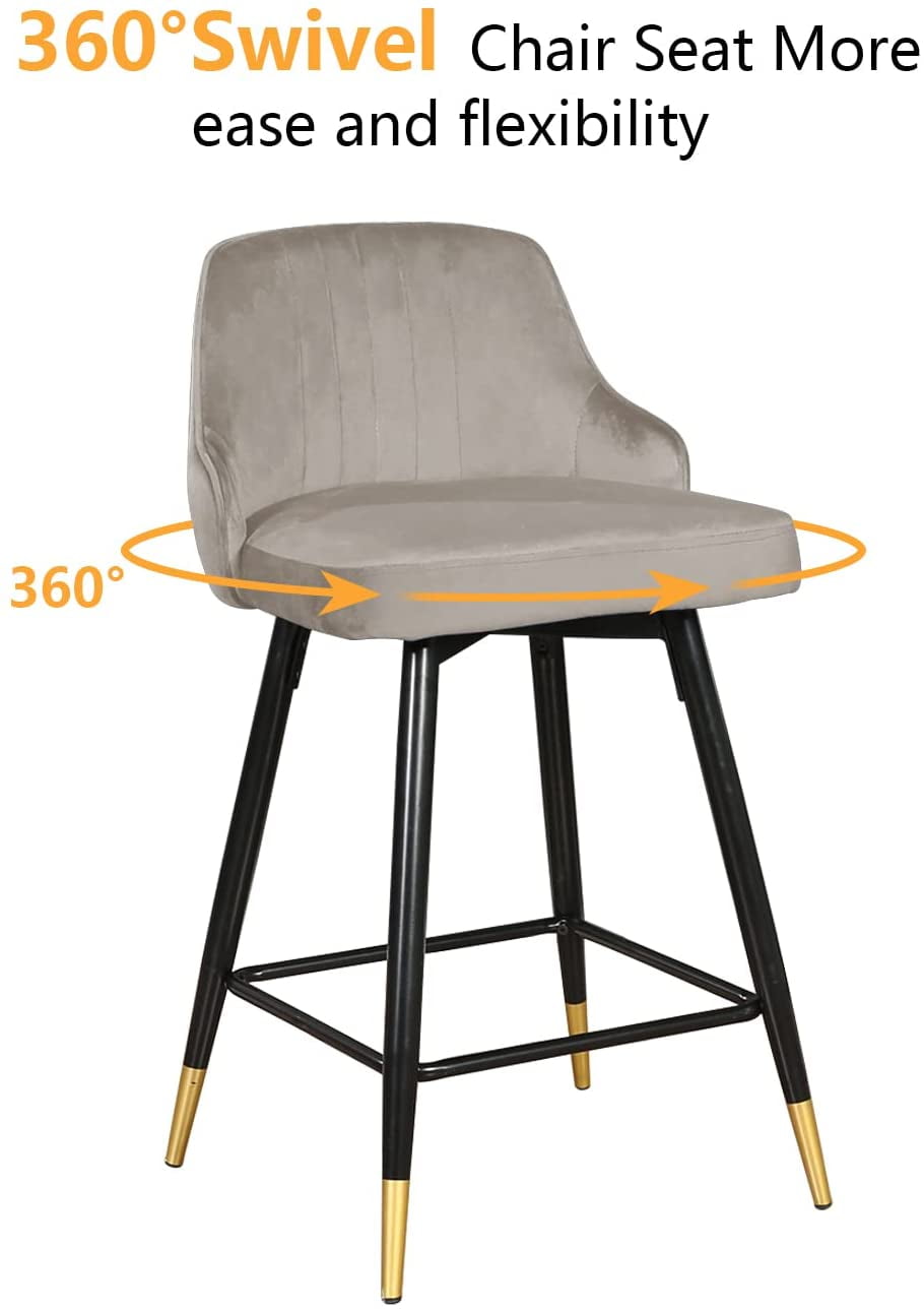 EiweLive 25'' Swivel Bar Stools with Back Set of 4, Gray Velvet Counter Height Stools for Kitchen Island, Pub