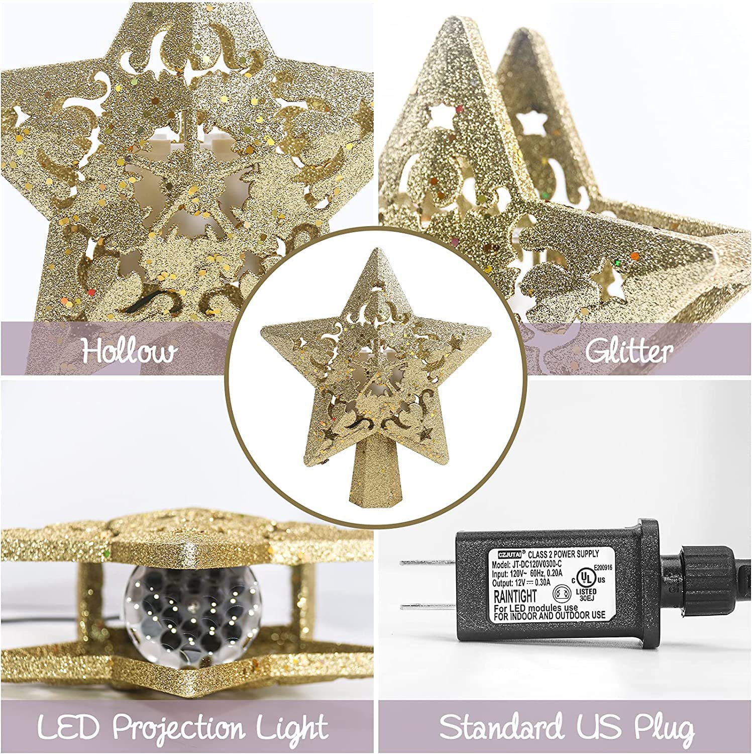 Cowin Christmas Tree Topper Projector, LED Star Tree Topper Light, Glitter Gold Star Topper Projector with Rotating Star Projection for Indoor Christmas Tree Decor, Xmas Decorations