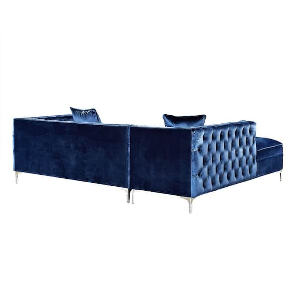 Olivia Navy/Silver Velvet 4-Seater L-Shaped Left-Facing Sectional Sofa with Nailheads
