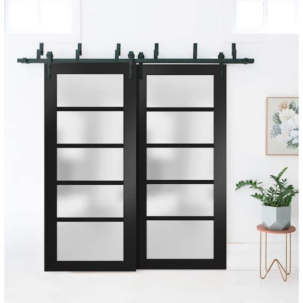 72 in. x 96 in. 5-Panel Black Finished Solid MDF Sliding Door with Barn Bypass Hardware