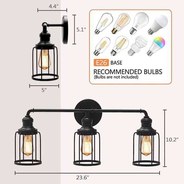 24 in. 3-Light Black Industrial Vanity with Metal Cage Wall Sconce